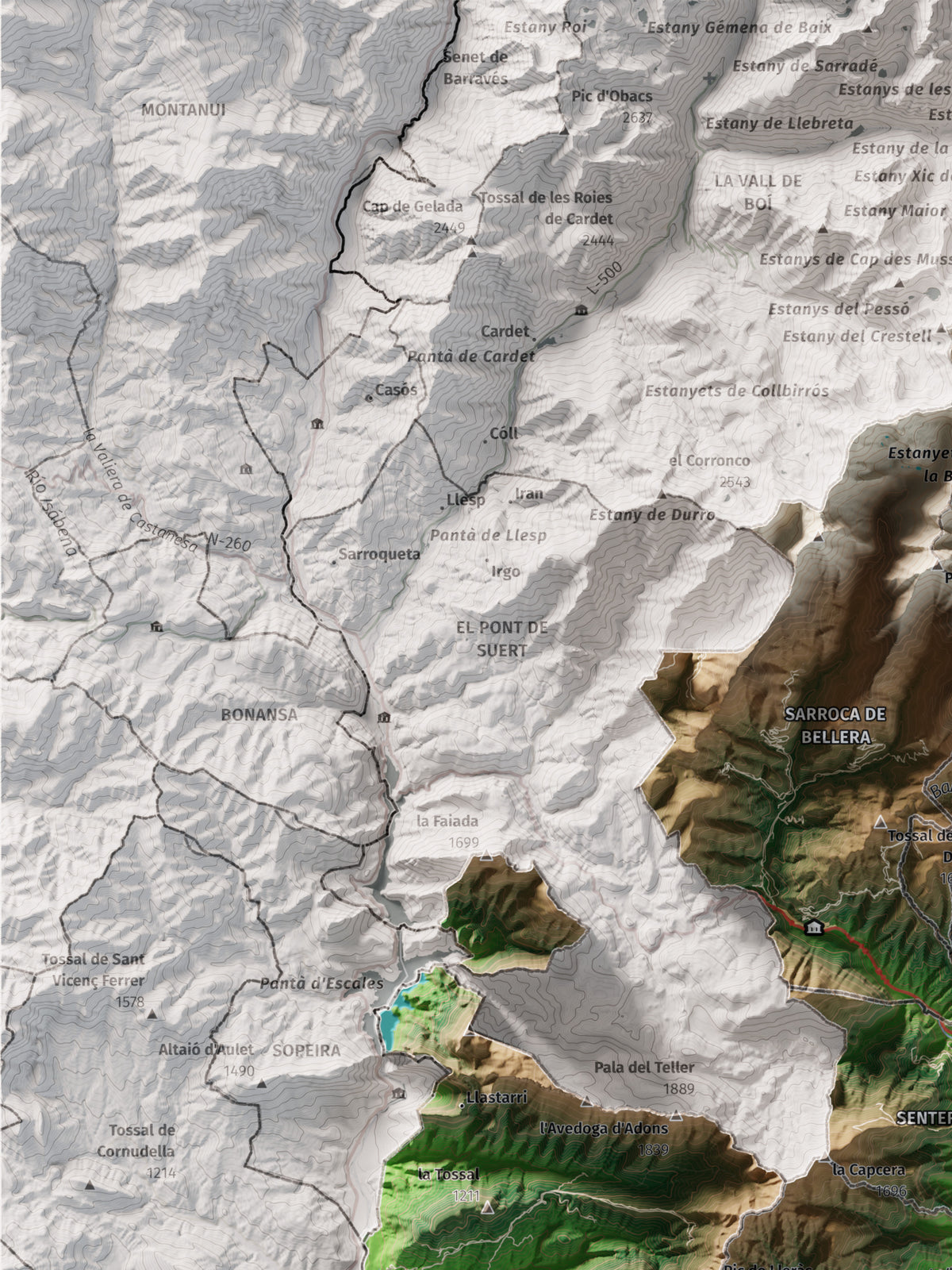 Mapa de relleu del Pallars Jussà, amb el territori en color i l’entorn en blanc. Detall de la part superior esquerra. 30 × 40 cm. Estil Clàssic.