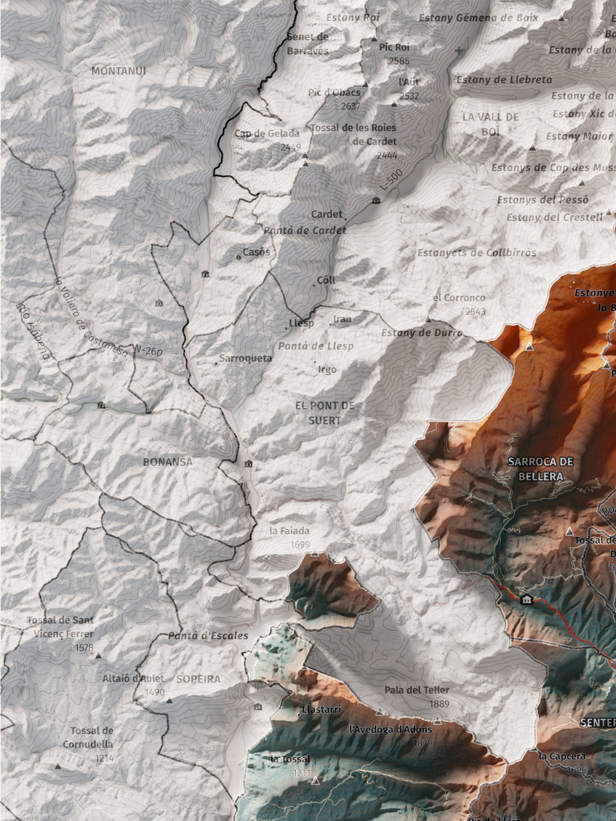 Mapa de relleu del Pallars Jussà, amb el territori en color i l’entorn en blanc. Detall de la part superior esquerra. 30 × 40 cm. Estil Blau i taronja.