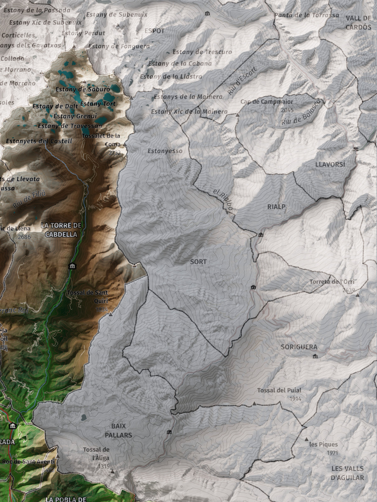 Mapa de relleu del Pallars Jussà, amb el territori en color i l’entorn en blanc. Detall de la part superior dreta. 30 × 40 cm. Estil Clàssic.