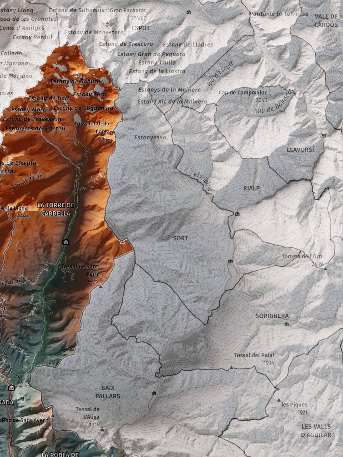 Mapa de relleu del Pallars Jussà, amb el territori en color i l’entorn en blanc. Detall de la part superior dreta. 30 × 40 cm. Estil Blau i taronja.