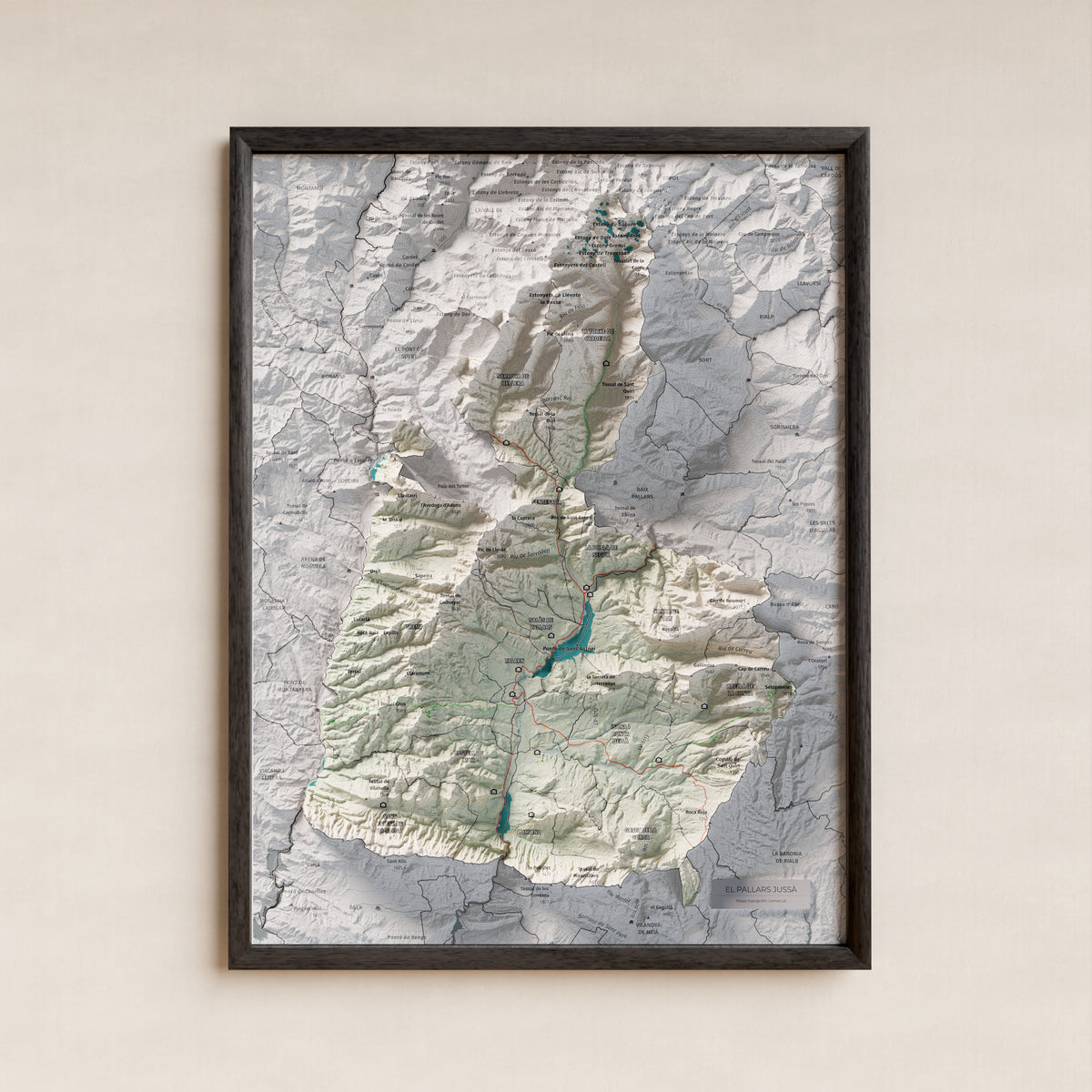 Mapa de relleu del Pallars Jussà, amb el territori en color i l’entorn en blanc. Presentació amb marc. 30 × 40 cm. Estil Cartogràfic.