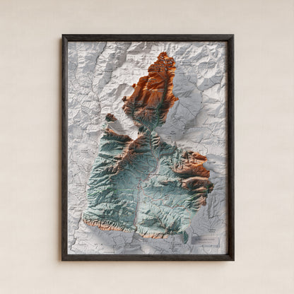 Mapa de relleu del Pallars Jussà, amb el territori en color i l’entorn en blanc. Presentació amb marc. 30 × 40 cm. Estil Blau i taronja.