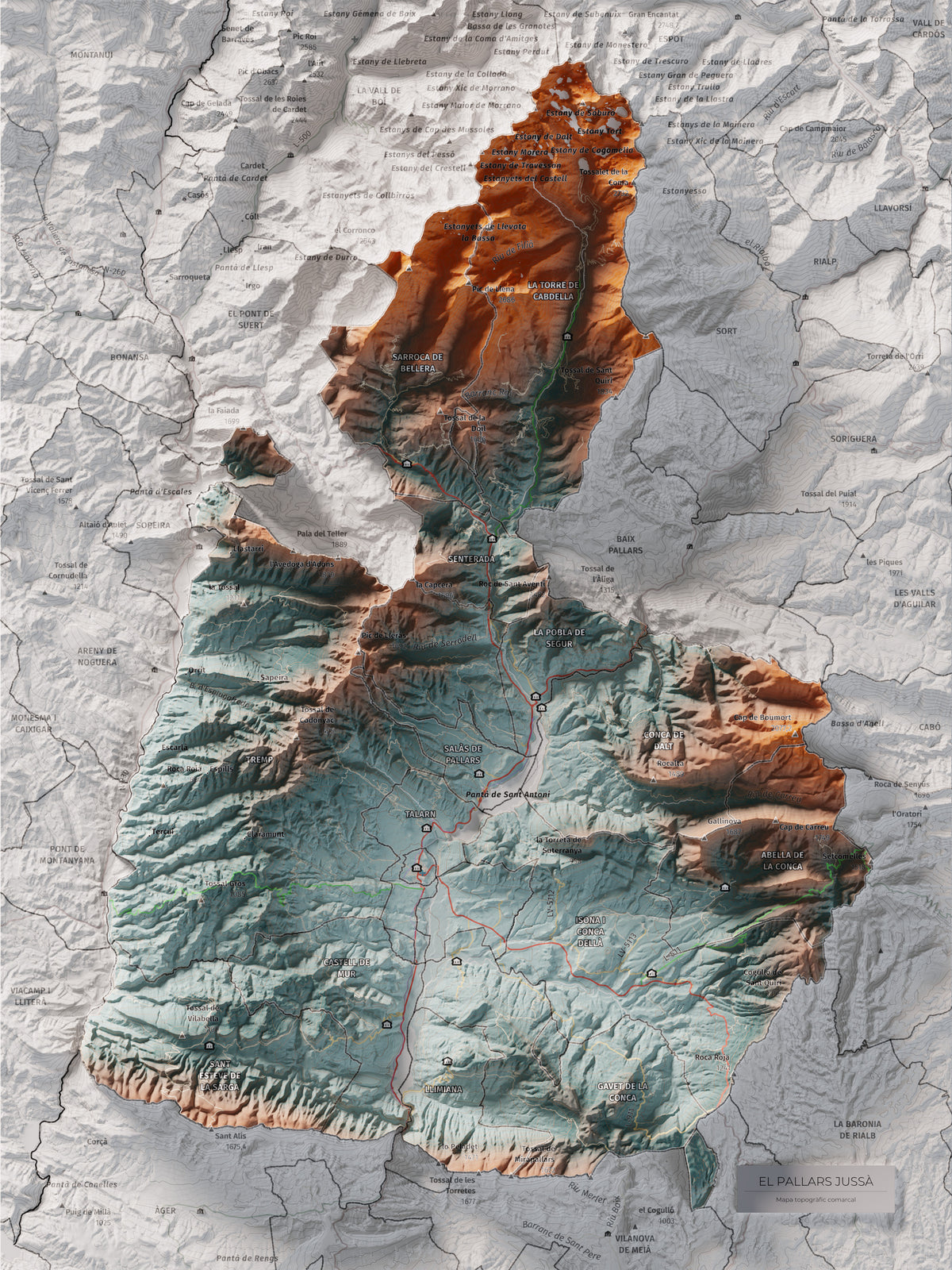 Mapa de relleu del Pallars Jussà, amb el territori en color i l’entorn en blanc. Vista completa de la làmina. 30 × 40 cm. Estil Blau i taronja.
