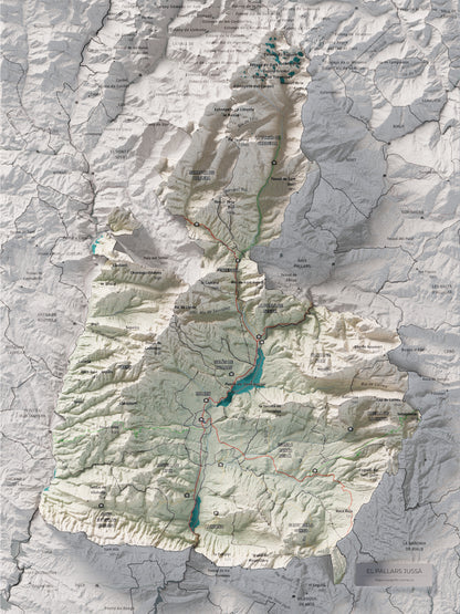 Mapa de relleu del Pallars Jussà, amb el territori en color i l’entorn en blanc. Vista completa de la làmina. 30 × 40 cm. Estil Cartogràfic.