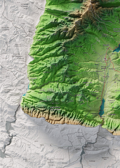 Mapa de relleu del Pallars Jussà, amb el territori en color i l’entorn en blanc. Detall de la part inferior esquerra. 50 × 70 cm. Estil Clàssic.