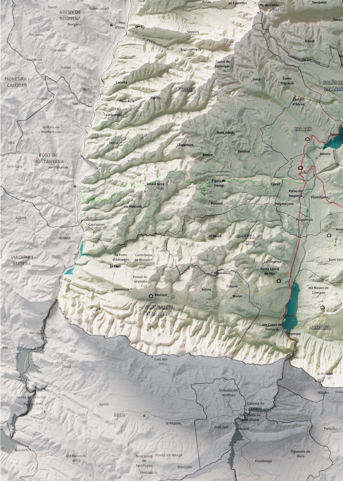 Mapa de relleu del Pallars Jussà, amb el territori en color i l’entorn en blanc. Detall de la part inferior esquerra. 50 × 70 cm. Estil Cartogràfic.
