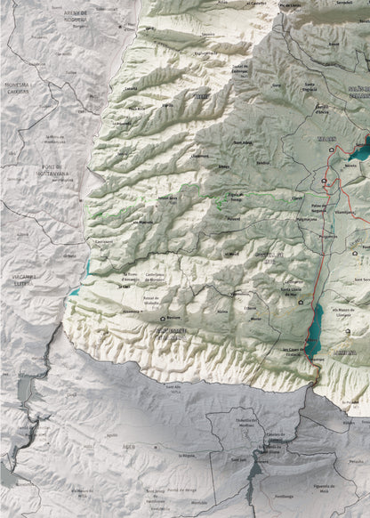 Mapa de relleu del Pallars Jussà, amb el territori en color i l’entorn en blanc. Detall de la part inferior esquerra. 50 × 70 cm. Estil Cartogràfic.