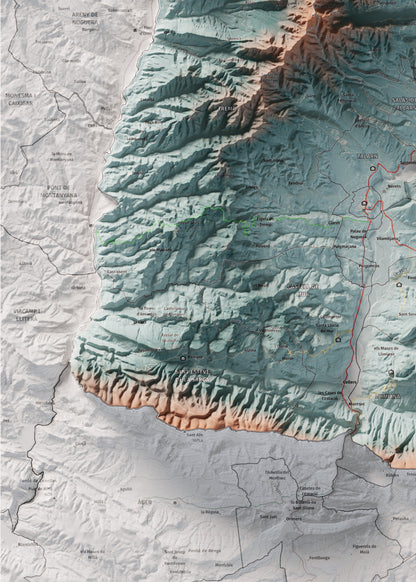 Mapa de relleu del Pallars Jussà, amb el territori en color i l’entorn en blanc. Detall de la part inferior esquerra. 50 × 70 cm. Estil Blau i taronja.