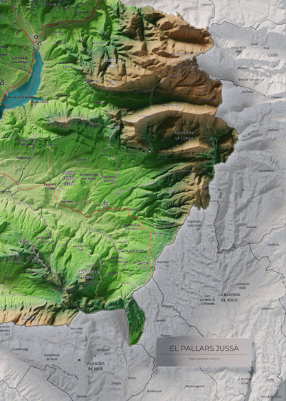 Mapa de relleu del Pallars Jussà, amb el territori en color i l’entorn en blanc. Detall de la part inferior dreta. 50 × 70 cm. Estil Clàssic.