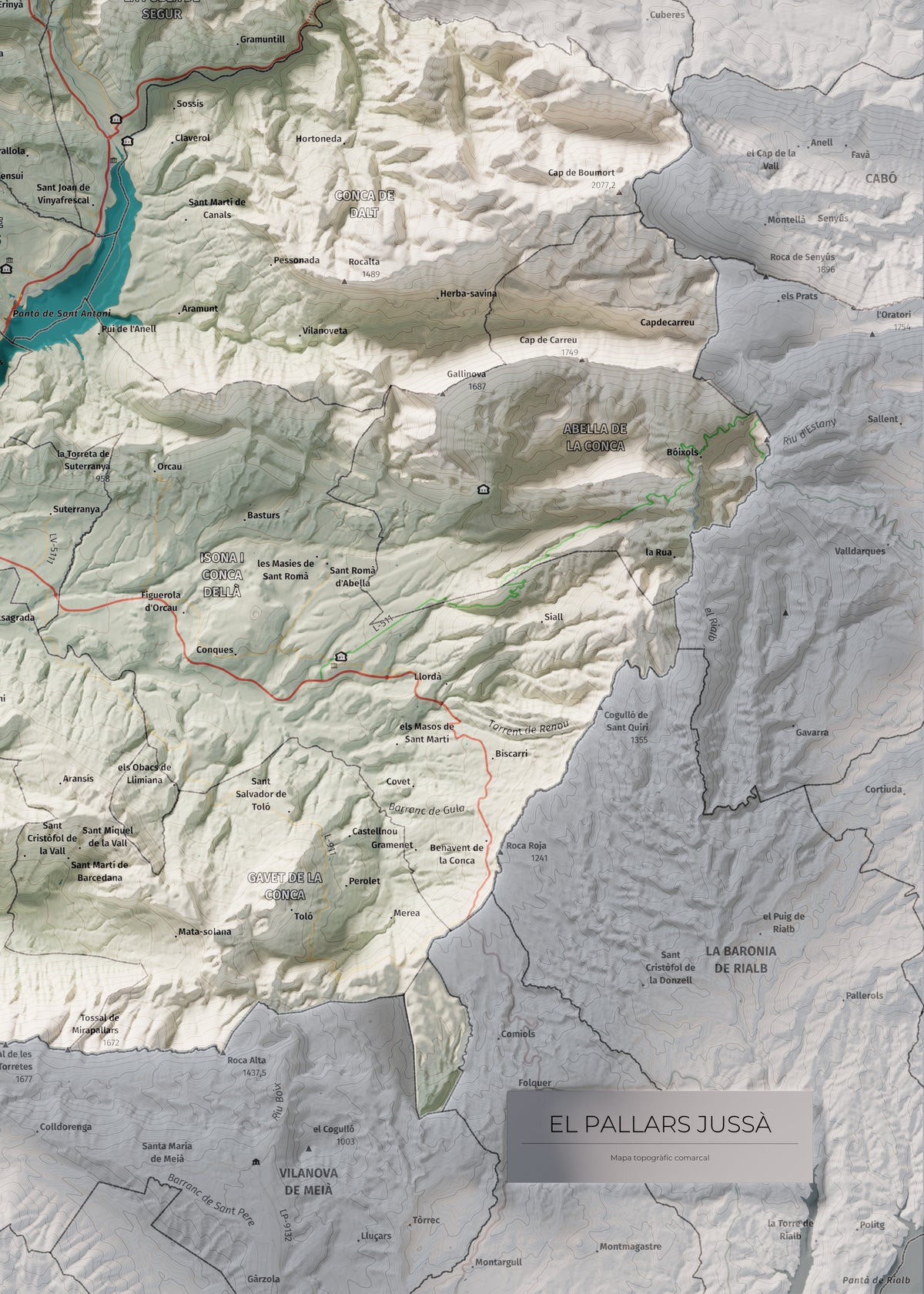 Mapa de relleu del Pallars Jussà, amb el territori en color i l’entorn en blanc. Detall de la part inferior dreta. 50 × 70 cm. Estil Cartogràfic.