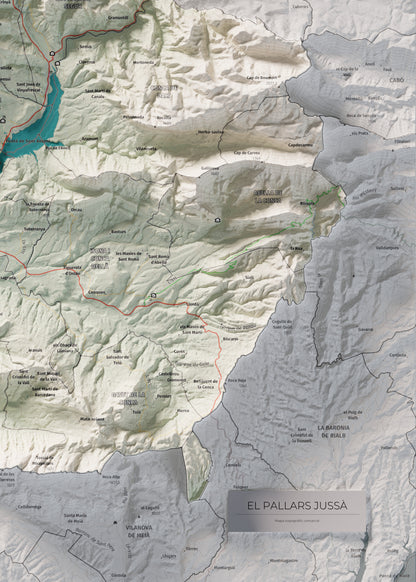 Mapa de relleu del Pallars Jussà, amb el territori en color i l’entorn en blanc. Detall de la part inferior dreta. 50 × 70 cm. Estil Cartogràfic.