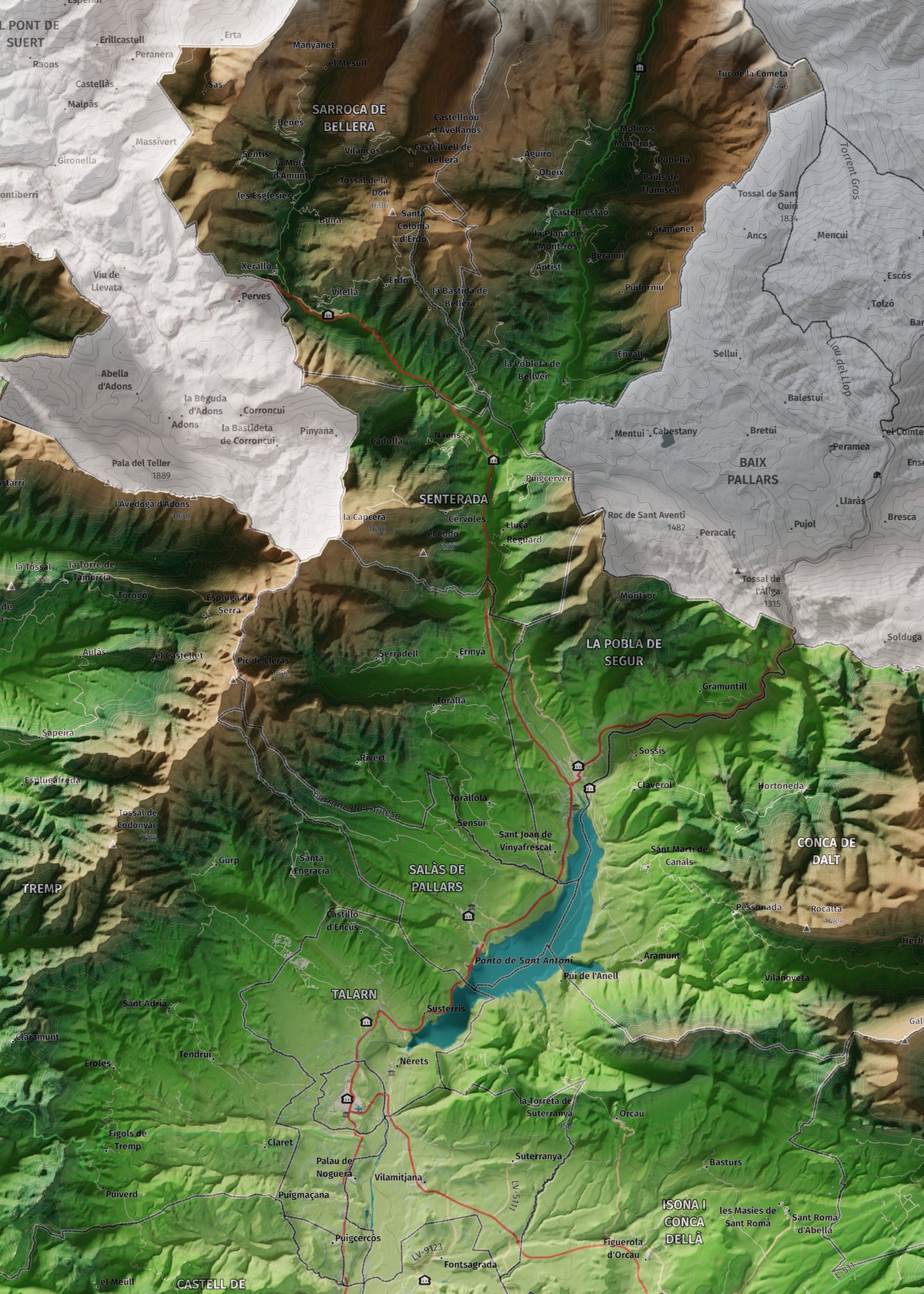 Mapa de relleu del Pallars Jussà, amb el territori en color i l’entorn en blanc. Detall de la part central. 50 × 70 cm. Estil Clàssic.