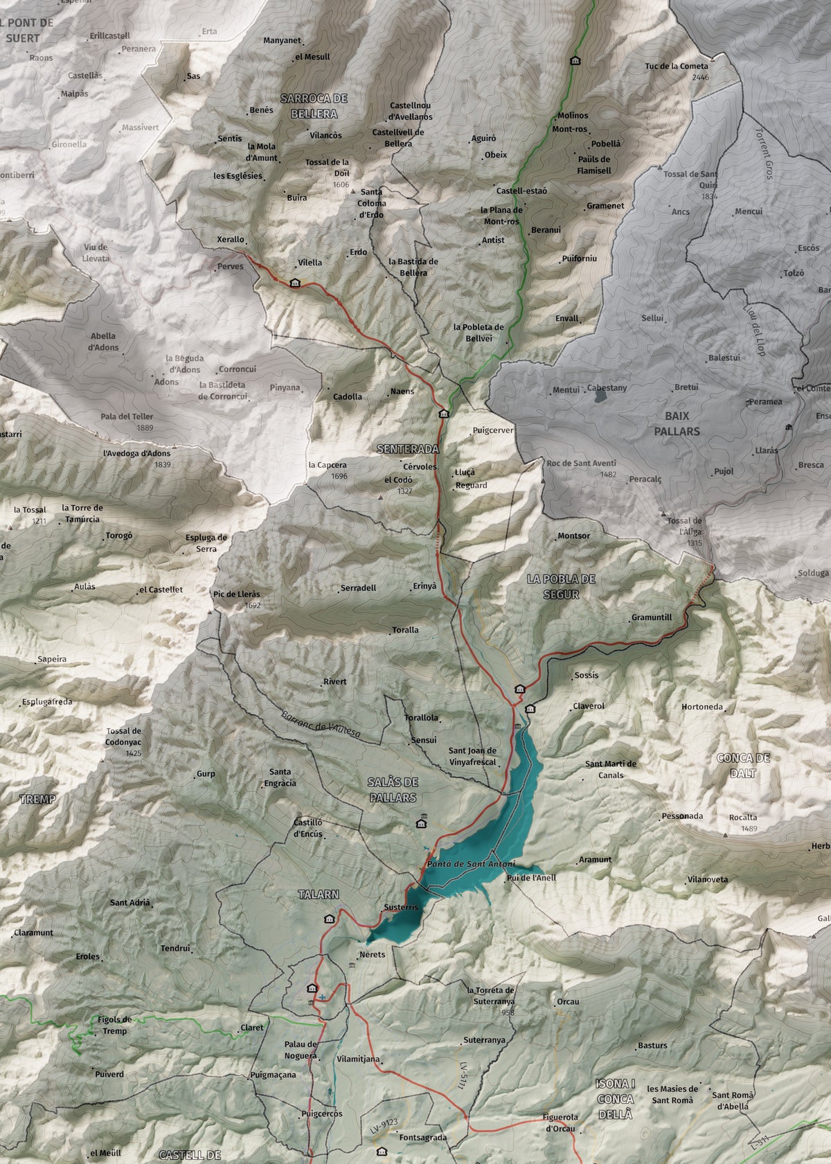 Mapa de relleu del Pallars Jussà, amb el territori en color i l’entorn en blanc. Detall de la part central. 50 × 70 cm. Estil Cartogràfic.