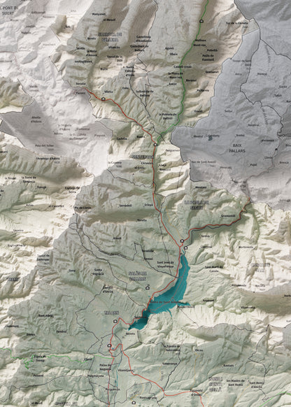 Mapa de relleu del Pallars Jussà, amb el territori en color i l’entorn en blanc. Detall de la part central. 50 × 70 cm. Estil Cartogràfic.