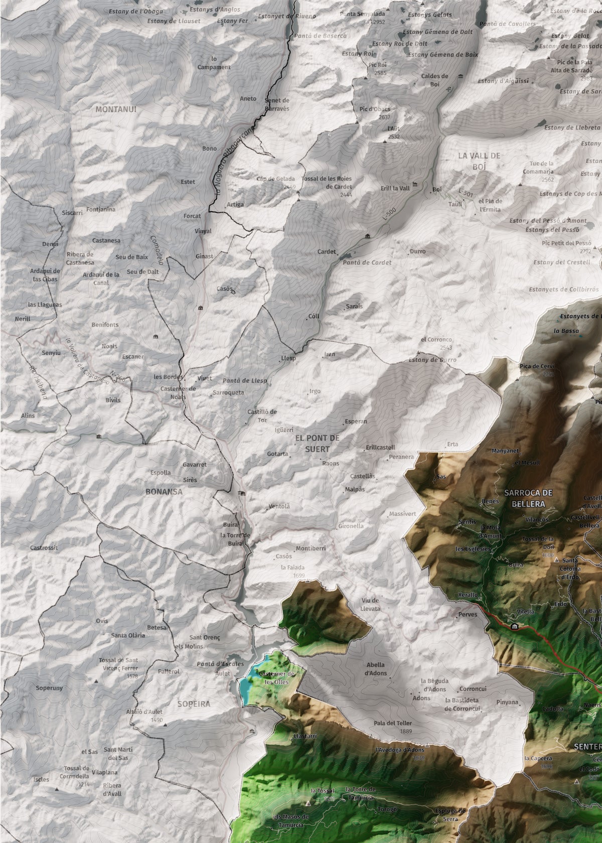 Mapa de relleu del Pallars Jussà, amb el territori en color i l’entorn en blanc. Detall de la part superior esquerra. 50 × 70 cm. Estil Clàssic.