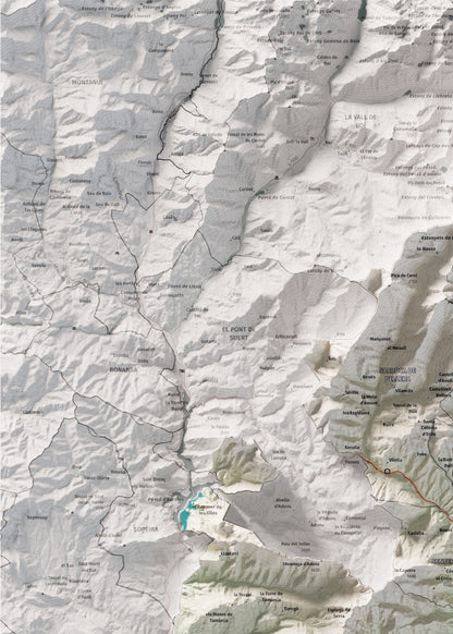 Mapa de relleu del Pallars Jussà, amb el territori en color i l’entorn en blanc. Detall de la part superior esquerra. 50 × 70 cm. Estil Cartogràfic.