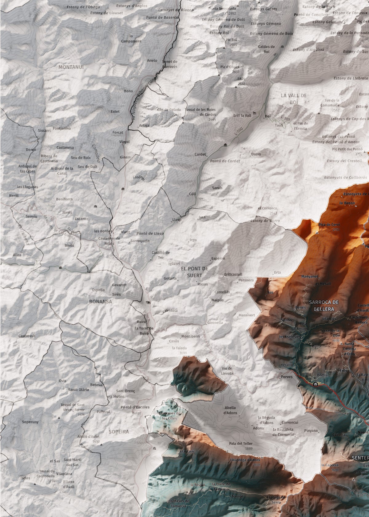 Mapa de relleu del Pallars Jussà, amb el territori en color i l’entorn en blanc. Detall de la part superior esquerra. 50 × 70 cm. Estil Blau i taronja.