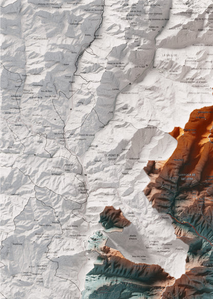 Mapa de relleu del Pallars Jussà, amb el territori en color i l’entorn en blanc. Detall de la part superior esquerra. 50 × 70 cm. Estil Blau i taronja.