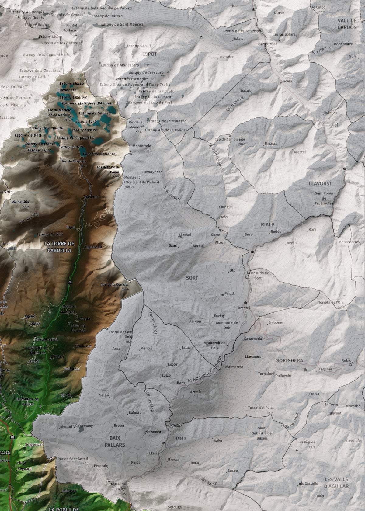 Mapa de relleu del Pallars Jussà, amb el territori en color i l’entorn en blanc. Detall de la part superior dreta. 50 × 70 cm. Estil Clàssic.