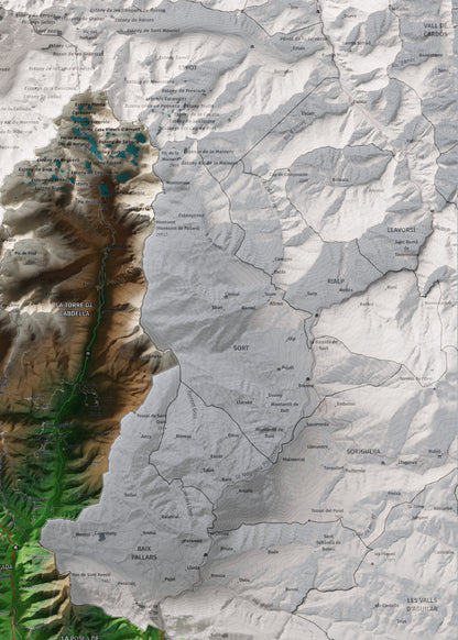 Mapa de relleu del Pallars Jussà, amb el territori en color i l’entorn en blanc. Detall de la part superior dreta. 50 × 70 cm. Estil Clàssic.