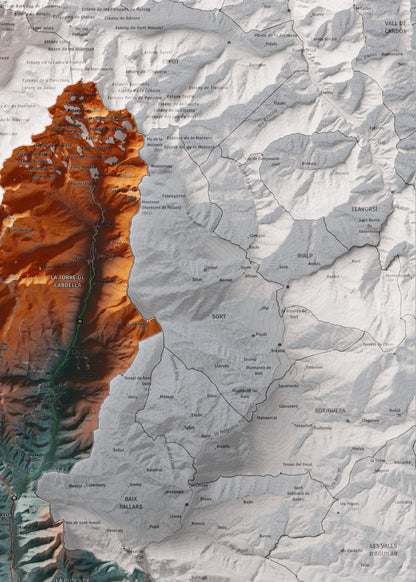 Mapa de relleu del Pallars Jussà, amb el territori en color i l’entorn en blanc. Detall de la part superior dreta. 50 × 70 cm. Estil Blau i taronja.