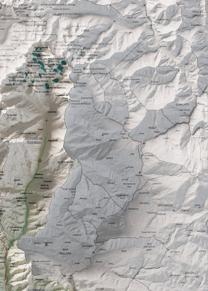 Mapa de relleu del Pallars Jussà, amb el territori en color i l’entorn en blanc. Detall de la part superior dreta. 50 × 70 cm. Estil Cartogràfic.