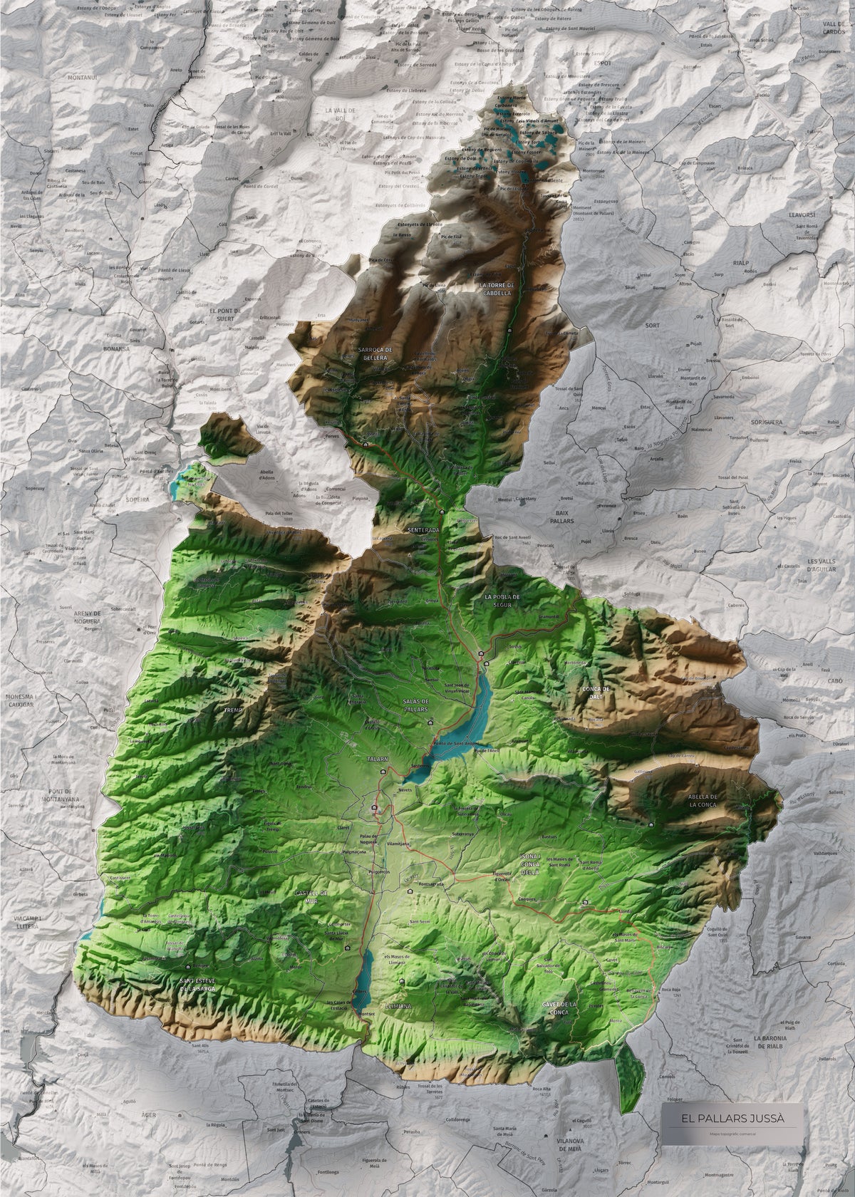 Mapa de relleu del Pallars Jussà, amb el territori en color i l’entorn en blanc. Vista completa de la làmina. 50 × 70 cm. Estil Clàssic.