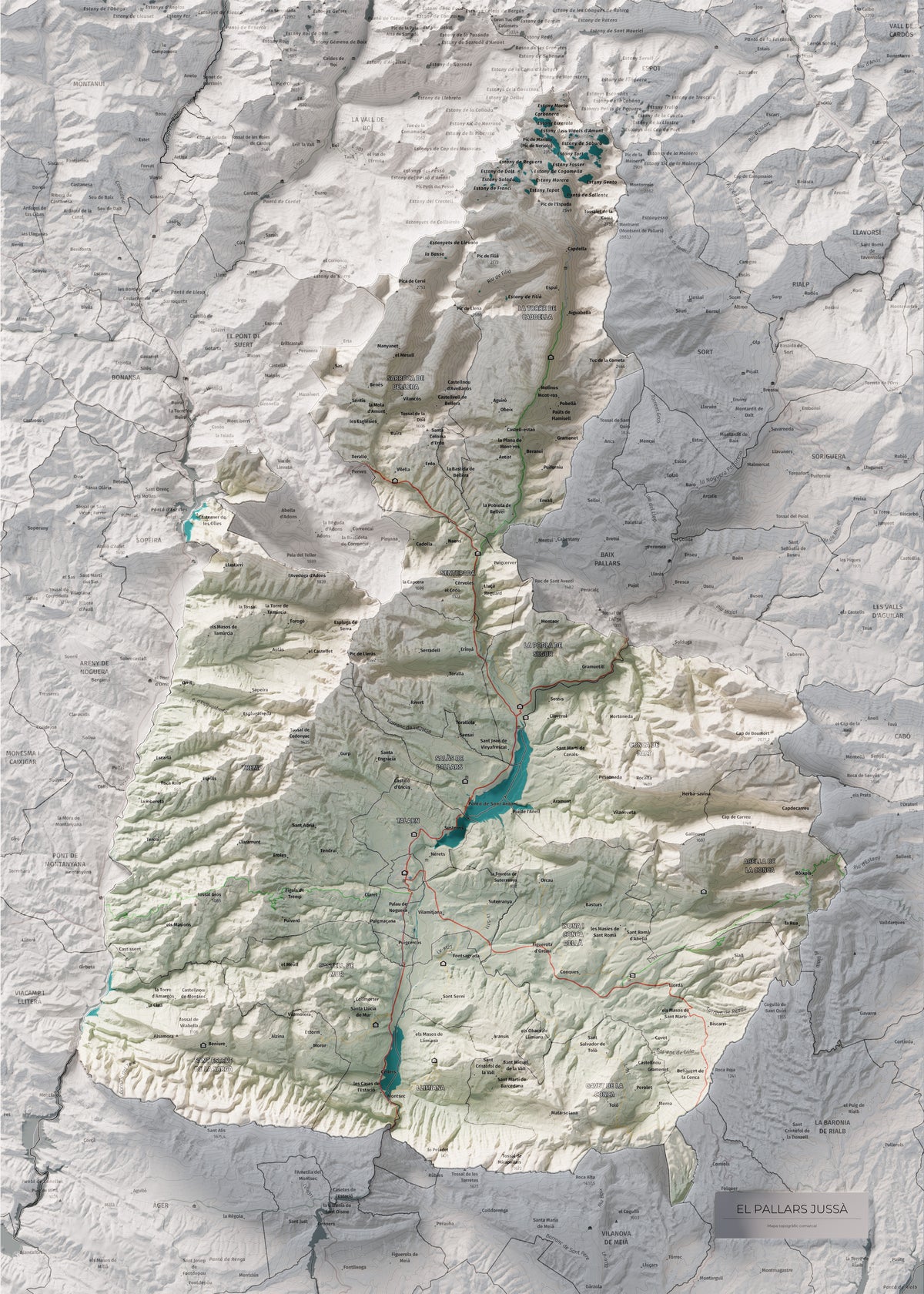 Mapa de relleu del Pallars Jussà, amb el territori en color i l’entorn en blanc. Vista completa de la làmina. 50 × 70 cm. Estil Cartogràfic.