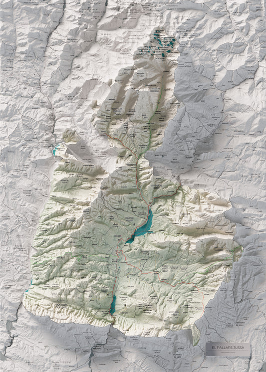 Mapa de relieve del Pallars Jussà, con el territorio en color y el entorno en blanco. Vista completa de la lámina. 50 × 70 cm. Estilo Cartográfico.