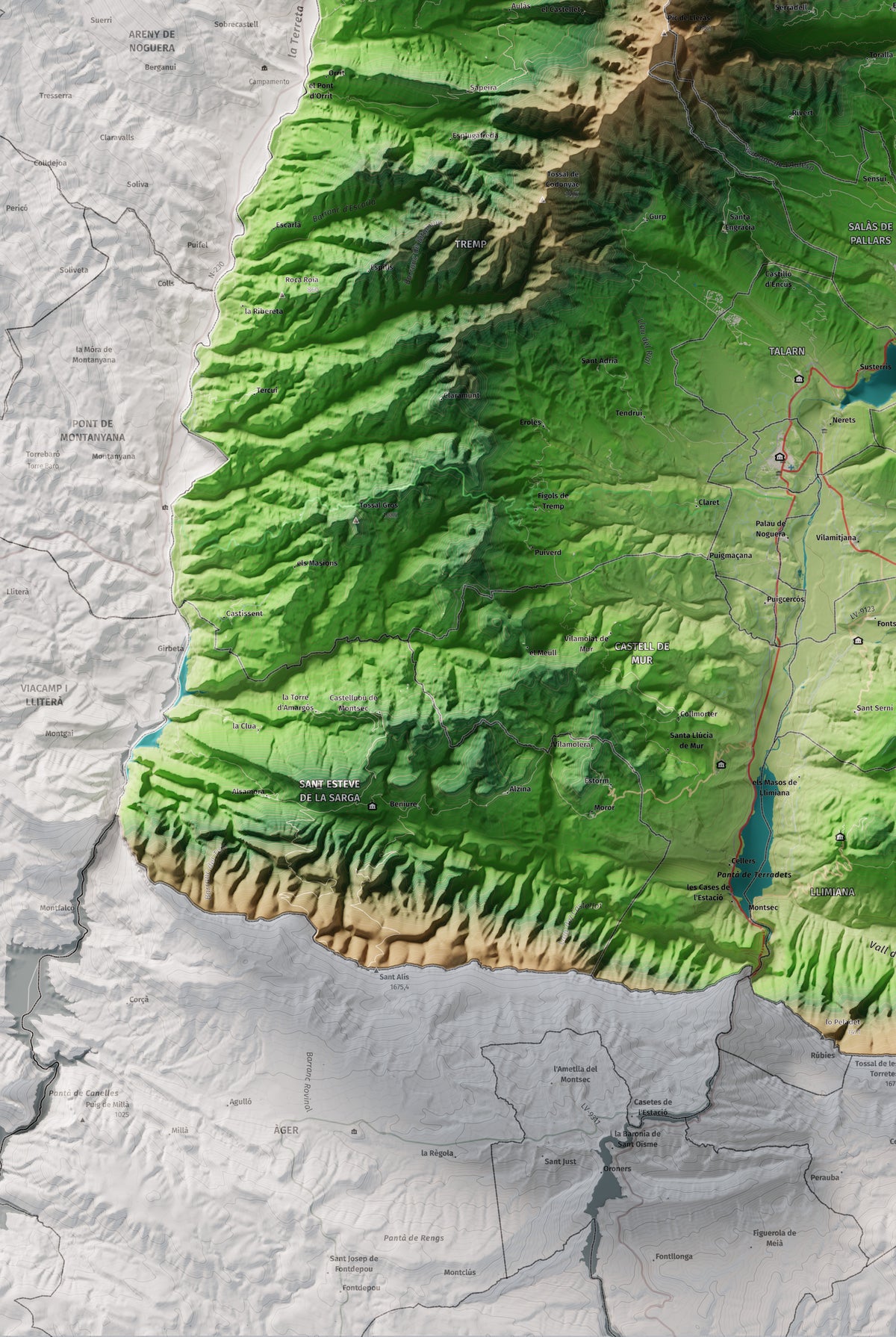 Mapa de relleu del Pallars Jussà, amb el territori en color i l’entorn en blanc. Detall de la part inferior esquerra. 61 × 91 cm. Estil Clàssic.