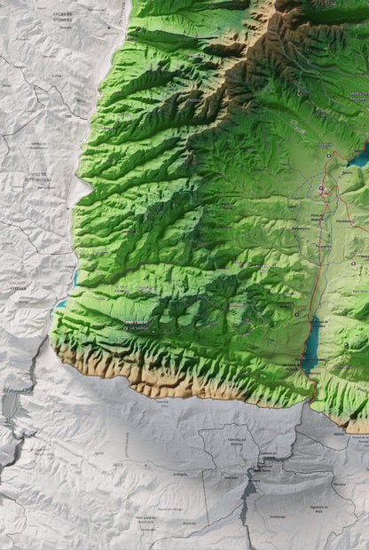 Mapa de relleu del Pallars Jussà, amb el territori en color i l’entorn en blanc. Detall de la part inferior esquerra. 61 × 91 cm. Estil Clàssic.