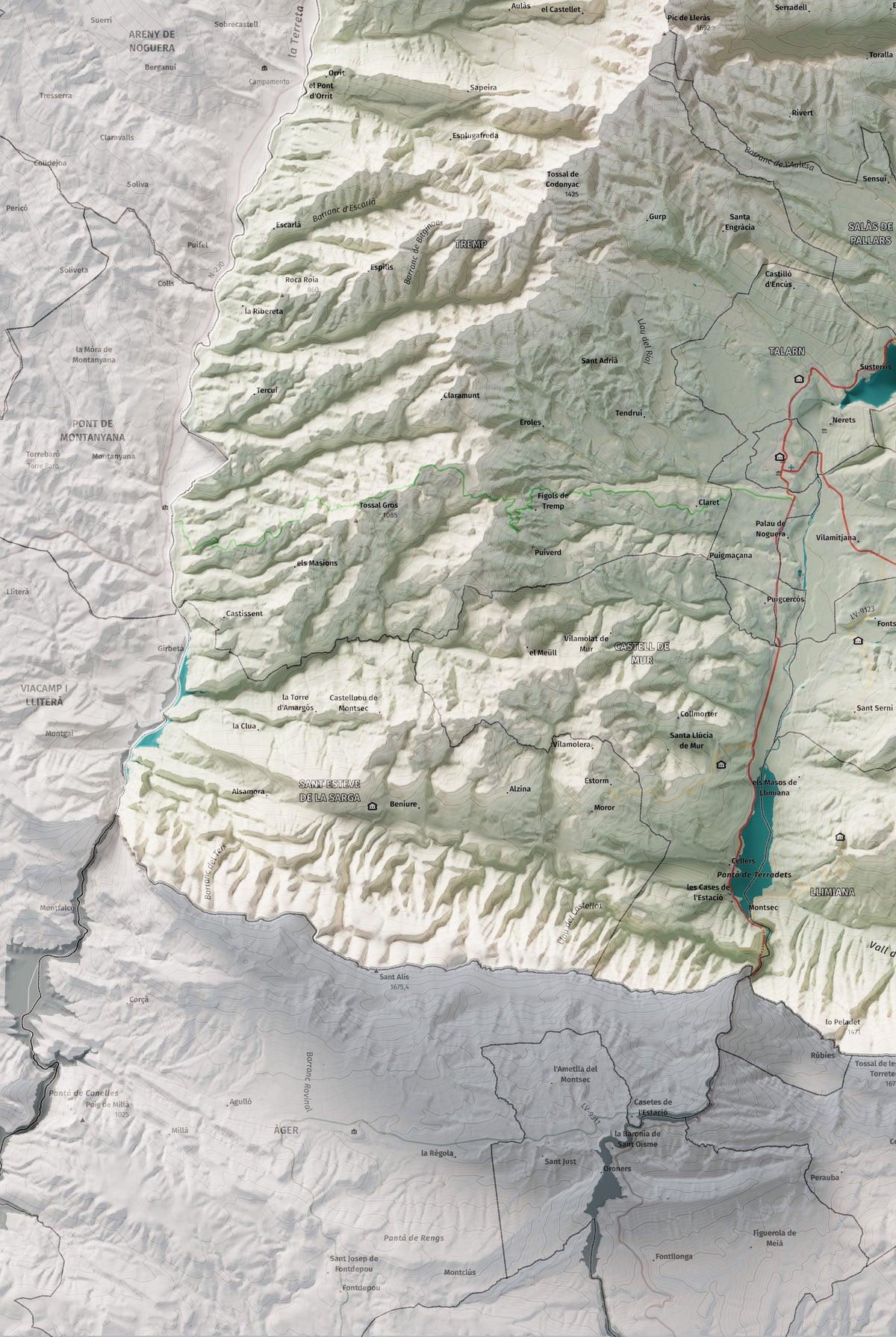 Mapa de relleu del Pallars Jussà, amb el territori en color i l’entorn en blanc. Detall de la part inferior esquerra. 61 × 91 cm. Estil Cartogràfic.