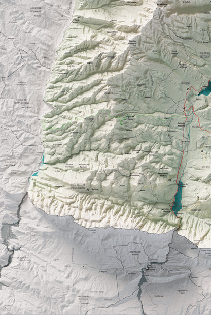 Mapa de relleu del Pallars Jussà, amb el territori en color i l’entorn en blanc. Detall de la part inferior esquerra. 61 × 91 cm. Estil Cartogràfic.