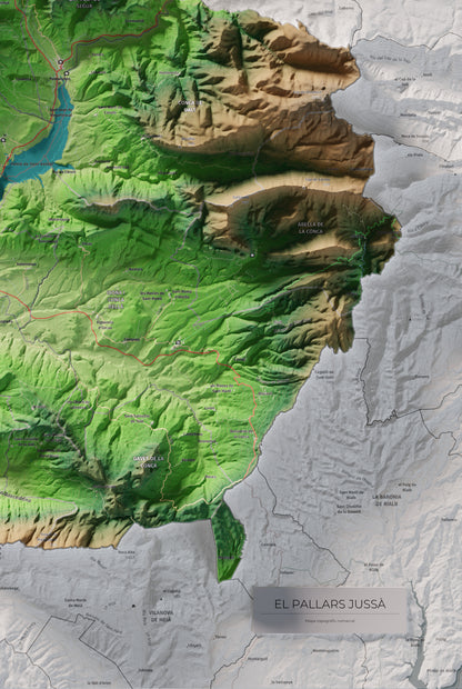 Mapa de relleu del Pallars Jussà, amb el territori en color i l’entorn en blanc. Detall de la part inferior dreta. 61 × 91 cm. Estil Clàssic.