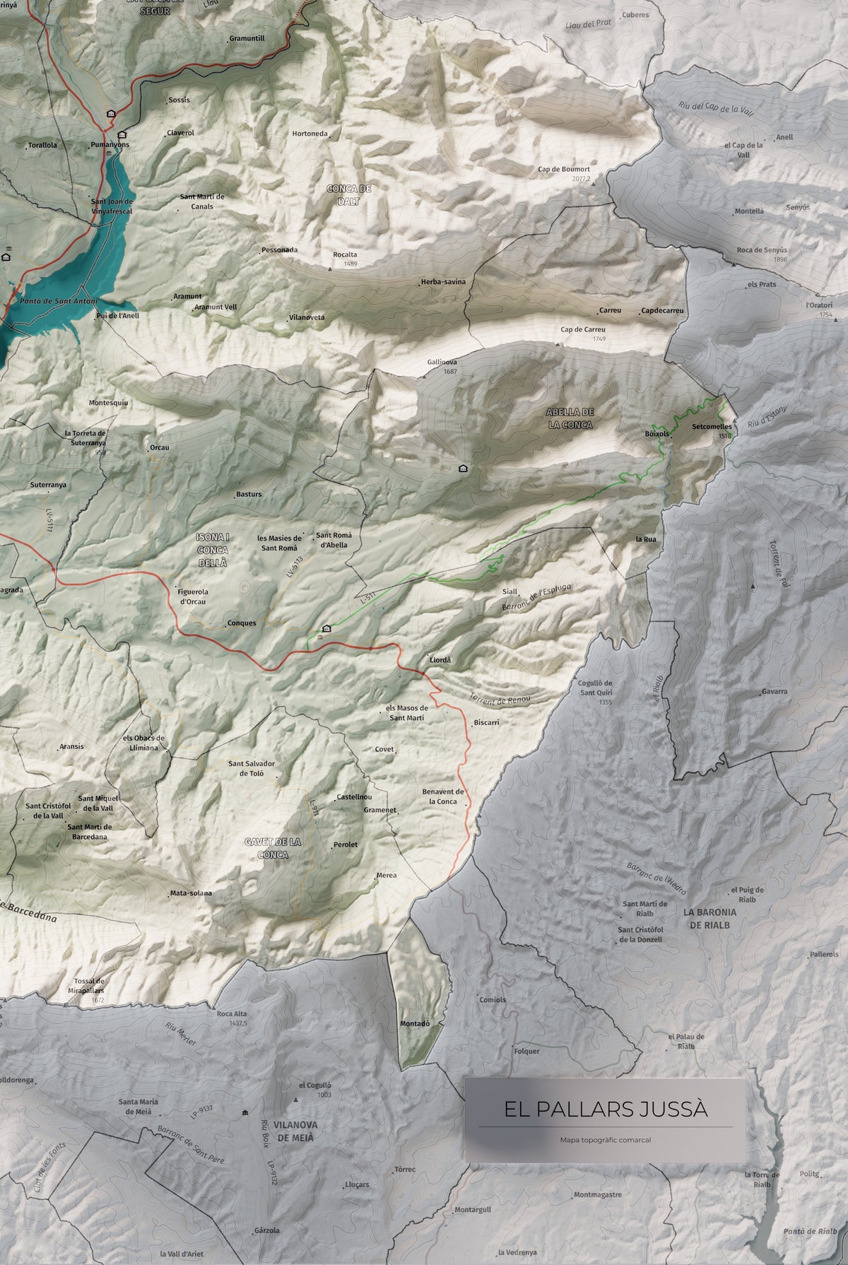Mapa de relleu del Pallars Jussà, amb el territori en color i l’entorn en blanc. Detall de la part inferior dreta. 61 × 91 cm. Estil Cartogràfic.