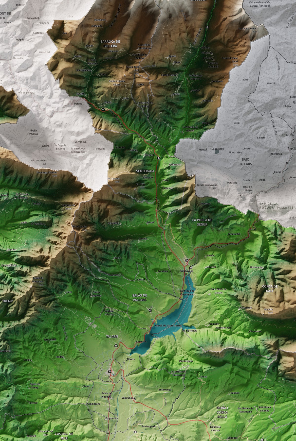 Mapa de relleu del Pallars Jussà, amb el territori en color i l’entorn en blanc. Detall de la part central. 61 × 91 cm. Estil Clàssic.