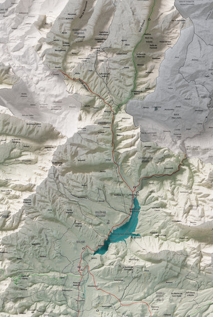 Mapa de relleu del Pallars Jussà, amb el territori en color i l’entorn en blanc. Detall de la part central. 61 × 91 cm. Estil Cartogràfic.