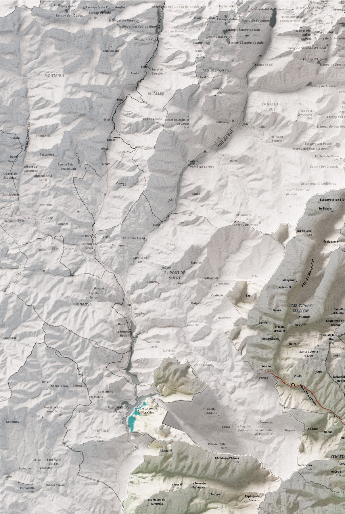 Mapa de relleu del Pallars Jussà, amb el territori en color i l’entorn en blanc. Detall de la part superior esquerra. 61 × 91 cm. Estil Cartogràfic.