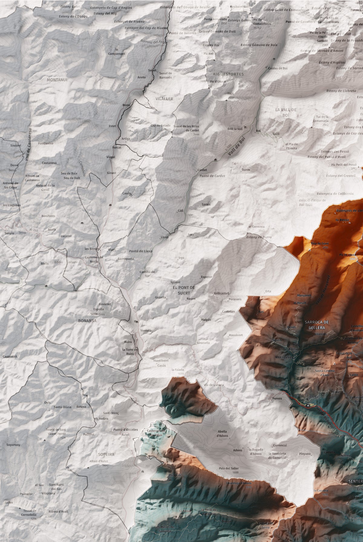 Mapa de relleu del Pallars Jussà, amb el territori en color i l’entorn en blanc. Detall de la part superior esquerra. 61 × 91 cm. Estil Blau i taronja.