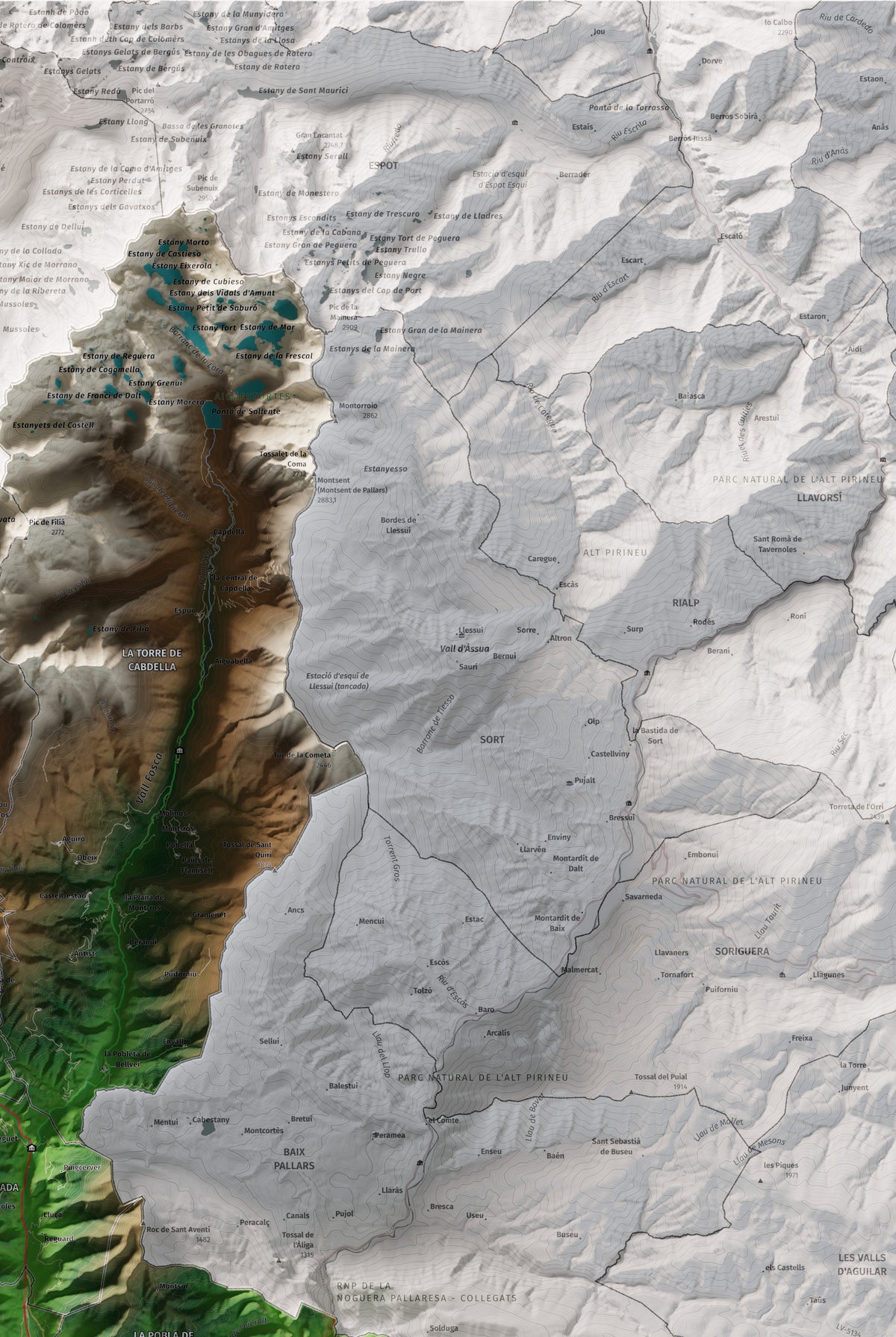 Mapa de relleu del Pallars Jussà, amb el territori en color i l’entorn en blanc. Detall de la part superior dreta. 61 × 91 cm. Estil Clàssic.