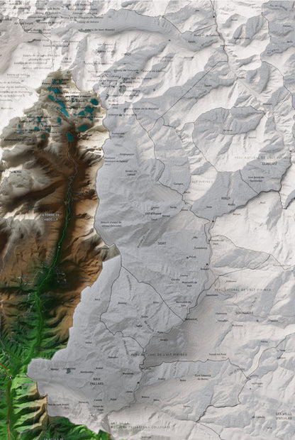 Mapa de relleu del Pallars Jussà, amb el territori en color i l’entorn en blanc. Detall de la part superior dreta. 61 × 91 cm. Estil Clàssic.