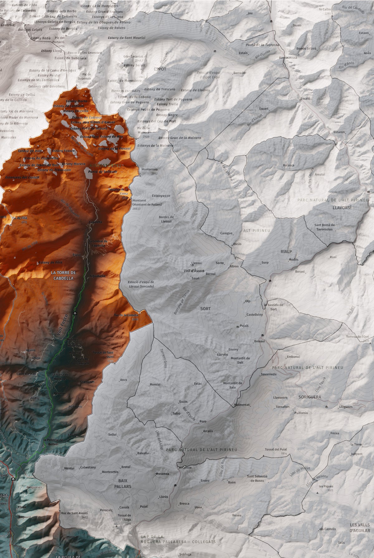 Mapa de relleu del Pallars Jussà, amb el territori en color i l’entorn en blanc. Detall de la part superior dreta. 61 × 91 cm. Estil Blau i taronja.