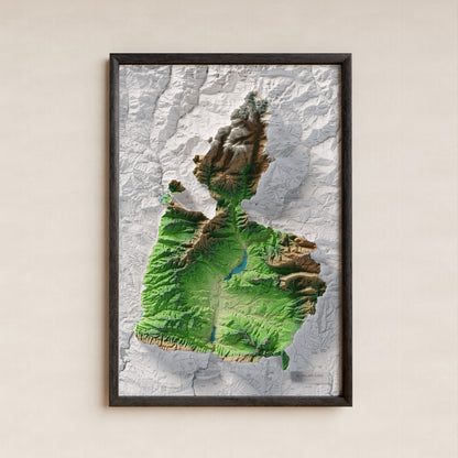 Mapa de relleu del Pallars Jussà, amb el territori en color i l’entorn en blanc. Presentació amb marc. 61 × 91 cm. Estil Clàssic.
