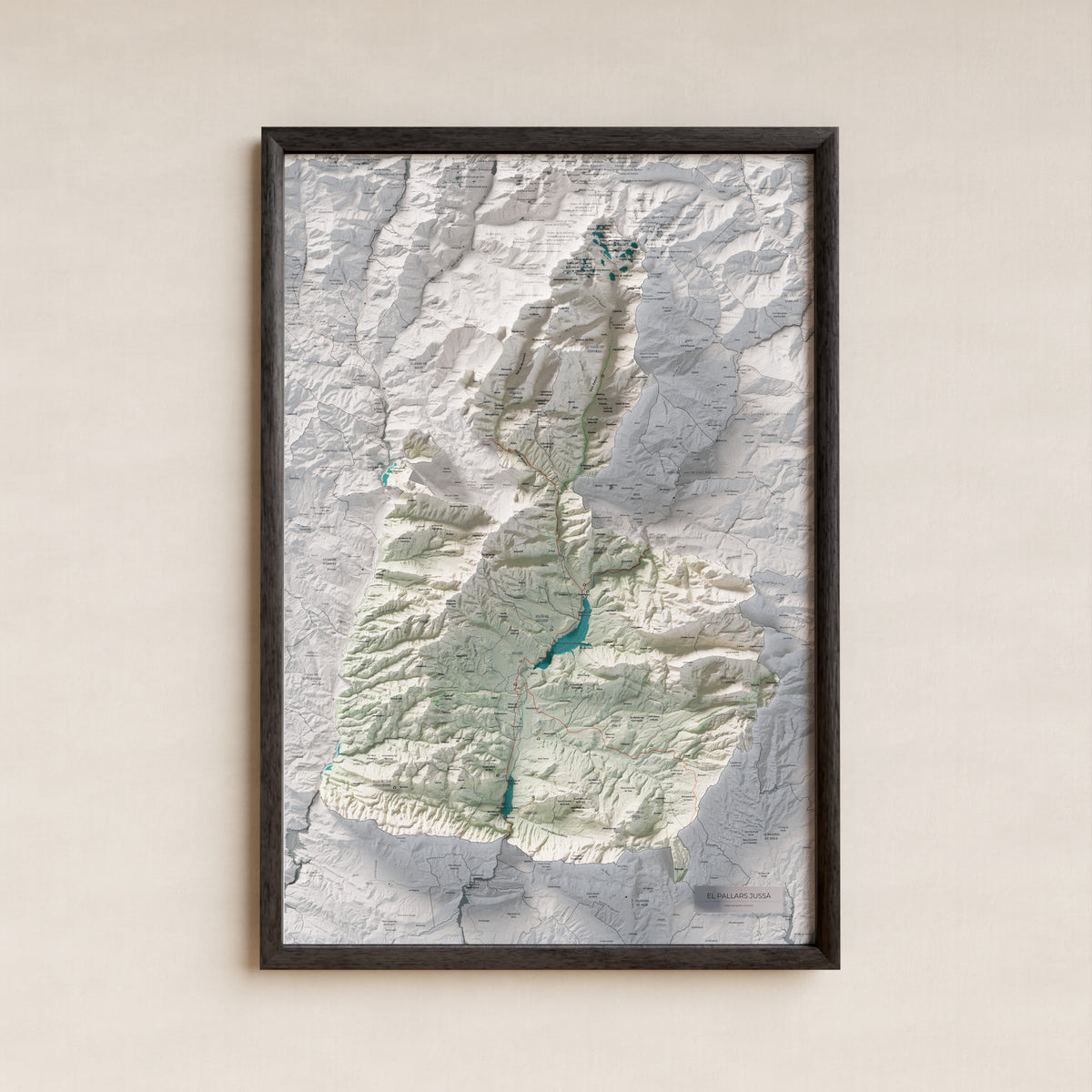 Mapa de relleu del Pallars Jussà, amb el territori en color i l’entorn en blanc. Presentació amb marc. 61 × 91 cm. Estil Cartogràfic.