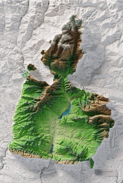 Mapa de relleu del Pallars Jussà, amb el territori en color i l’entorn en blanc. Vista completa de la làmina. 61 × 91 cm. Estil Clàssic.