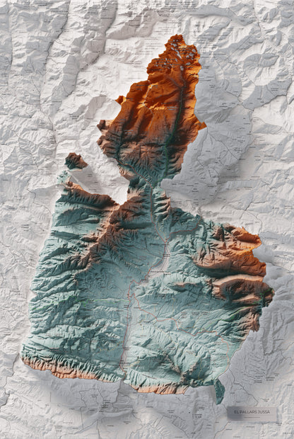 Mapa de relleu del Pallars Jussà, amb el territori en color i l’entorn en blanc. Vista completa de la làmina. 61 × 91 cm. Estil Blau i taronja.