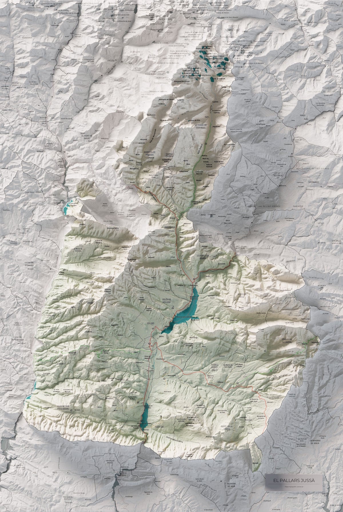 Mapa de relleu del Pallars Jussà, amb el territori en color i l’entorn en blanc. Vista completa de la làmina. 61 × 91 cm. Estil Cartogràfic.