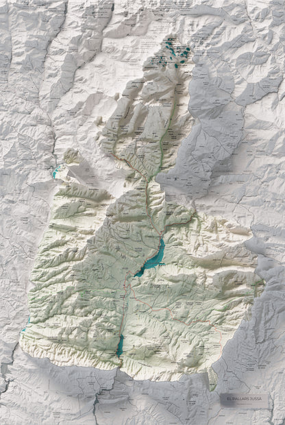 Mapa de relleu del Pallars Jussà, amb el territori en color i l’entorn en blanc. Vista completa de la làmina. 61 × 91 cm. Estil Cartogràfic.