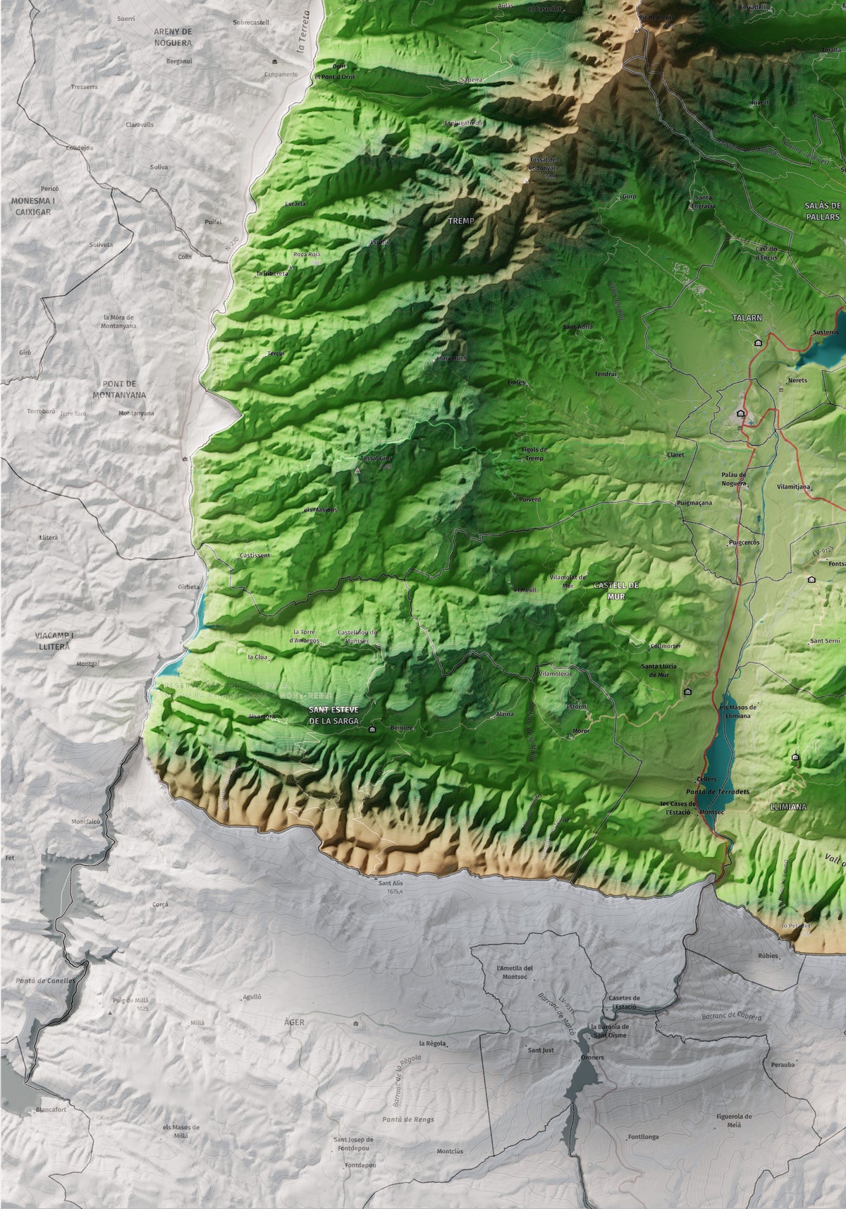 Mapa de relleu del Pallars Jussà, amb el territori en color i l’entorn en blanc. Detall de la part inferior esquerra. 70 × 100 cm. Estil Clàssic.
