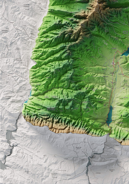 Mapa de relleu del Pallars Jussà, amb el territori en color i l’entorn en blanc. Detall de la part inferior esquerra. 70 × 100 cm. Estil Clàssic.